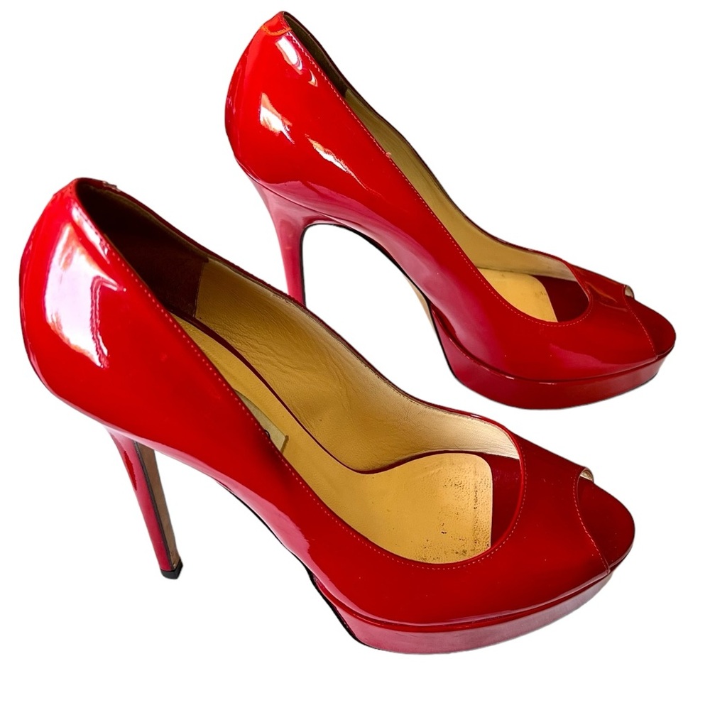 Jimmy Choo London Red Patent Leather Peep Toe Pumps 5” Spike Heels Size 38.5 EU